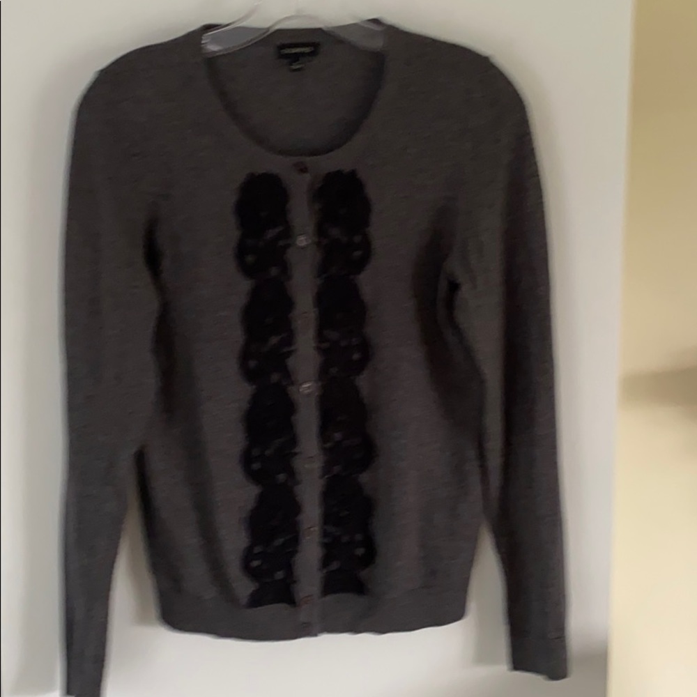 TALBOTS grey cardigan black lace floral appliqué - Picture 2 of 5